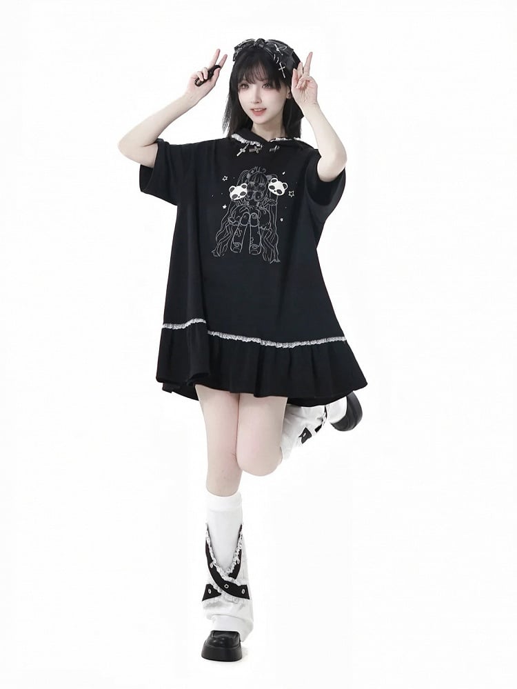Black Cross Charms Contrast Lace Trim Bittersweet Girl Print Hooded Dress