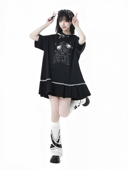 Black Cross Charms Contrast Lace Trim Bittersweet Girl Print Hooded Dress
