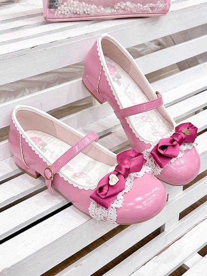 Elegant Rose Pink Lolita Low-heel Mary Janes - Heart Accent Bow, Lace Edging & Circle Buckle