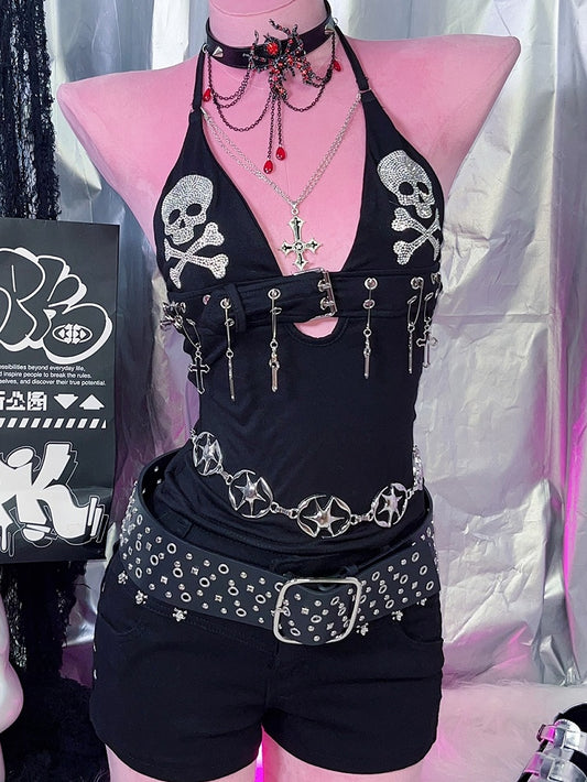 Black Punk Rock Studs Details Waist Belt