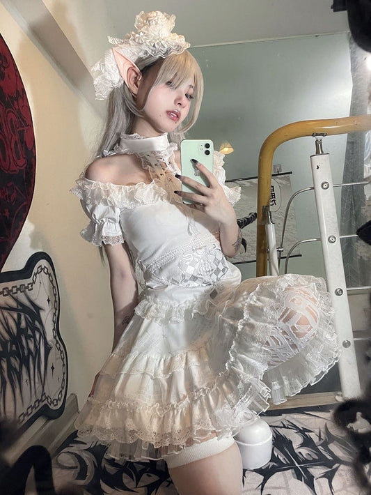 Lace Trim White Punk T-shirt Wings Decoration at Back