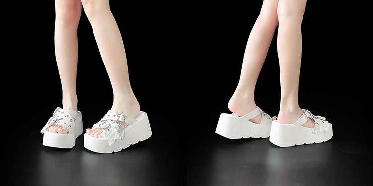 Star-shaped Buckles and Studs White Denim Punk Platform Slippers