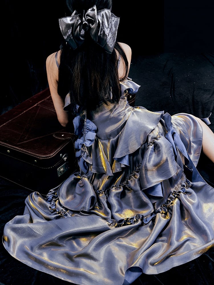 Purple Ruched Design Flounce Hem Vintage Dress