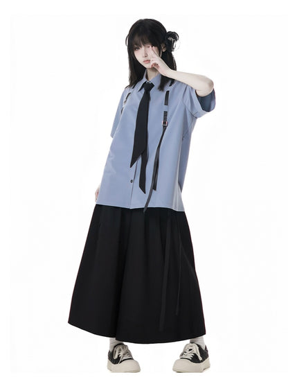 Blue Preppy Style Short Sleeves Shirt with Free Tie