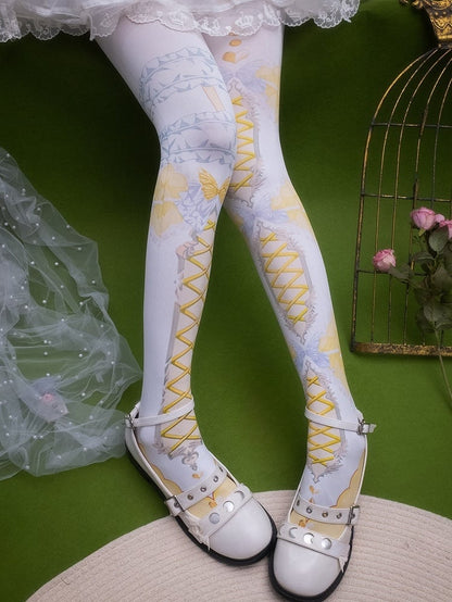 Pink/Blue/Black/Yellow/Red Asymmetrical Crisscorss Banded And Butterfly Print Tights