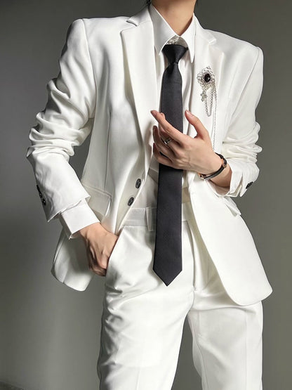Ouji Lolita White Unisex Blazer with Notched Lapel & Black Buttons Cuffs