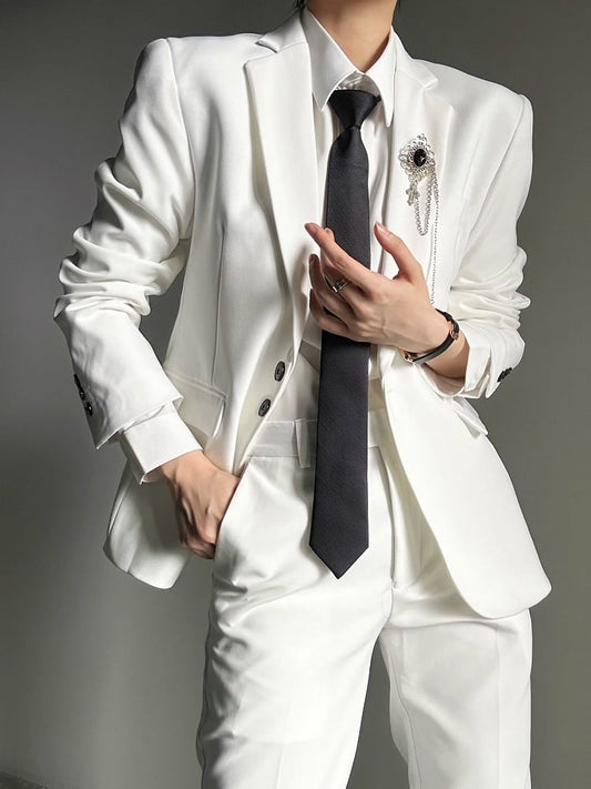 Ouji Lolita White Unisex Blazer with Notched Lapel & Black Buttons Cuffs