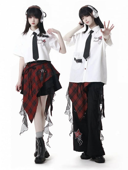 Contrast Red and Black Buttons Leather Buckle Strap White Short Sleeves Shirt Long/Short Version