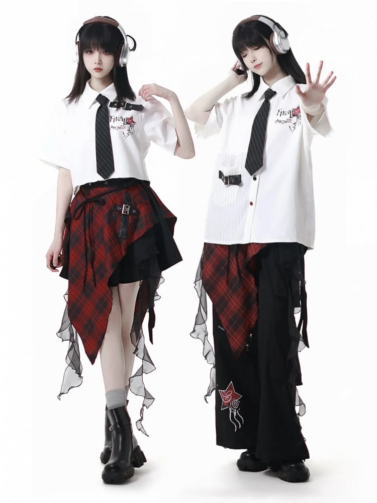 Contrast Red and Black Buttons Leather Buckle Strap White Short Sleeves Shirt Long/Short Version