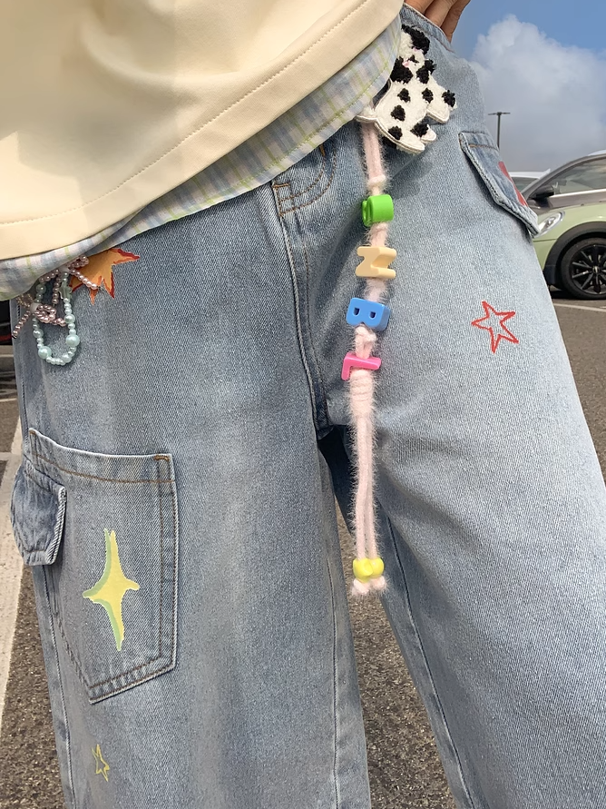 Colorful Star Print Blue Faded Wash Distressed Wide-leg Denim Shorts