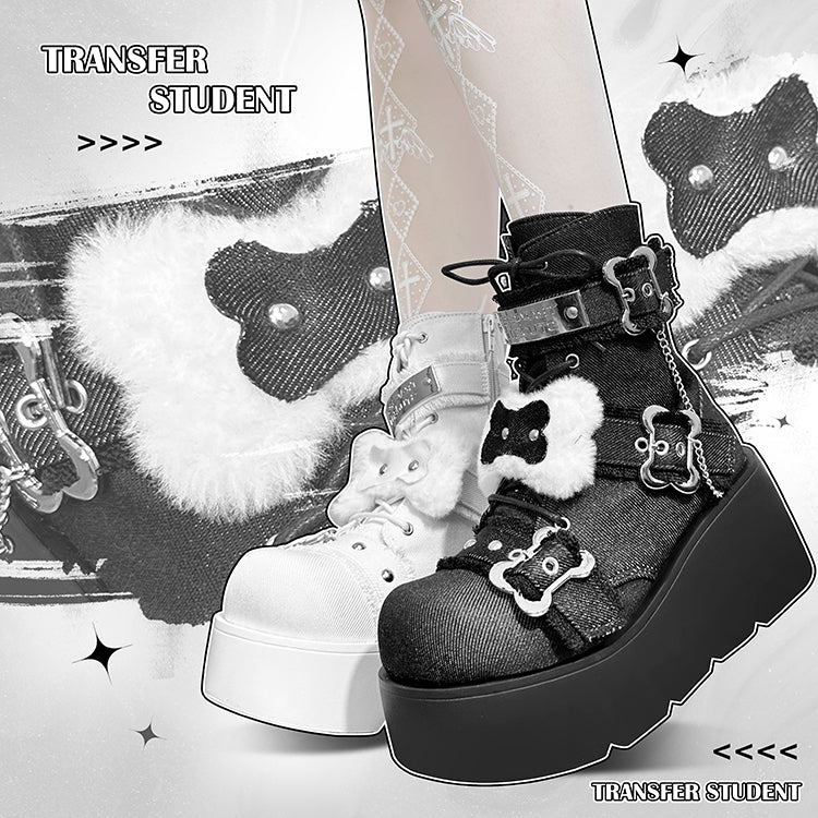 Buckle Straps Plush Bone Decorated Denim Black Punk Platform Boots