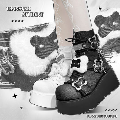 Buckle Straps Plush Bone Decorated Denim Black Punk Platform Boots
