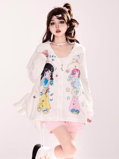 Y2K Cartoon Girl Print White Zip-up Hooded Jacket