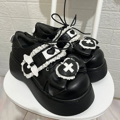 Clearance-Size 39 Jirai Kei Black Yami Kawaii Cross Bowknot Lace-up Detail Platform Shoes Thicken Version