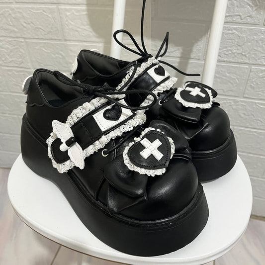 Clearance-Size 39 Jirai Kei Black Yami Kawaii Cross Bowknot Lace-up Detail Platform Shoes Thicken Version