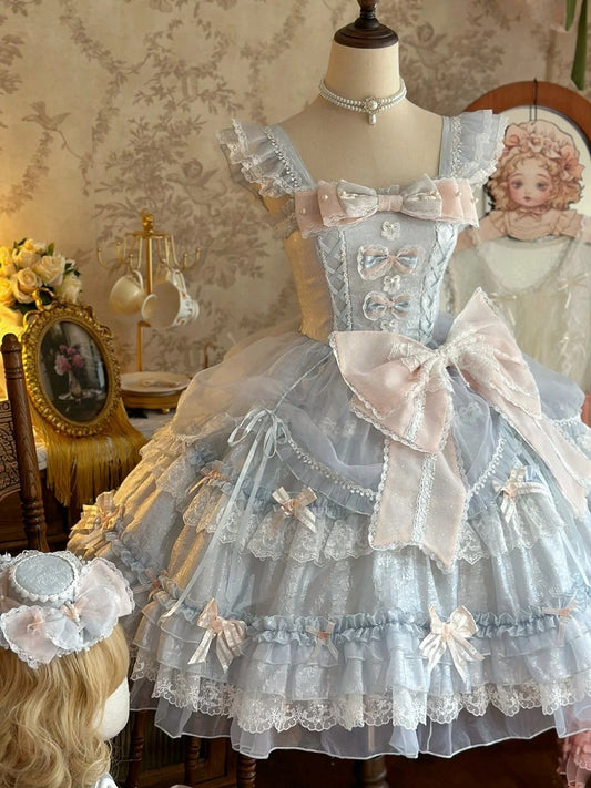 Pink Bow Accents Light Blue Natural Waist Hime Lolita Dress