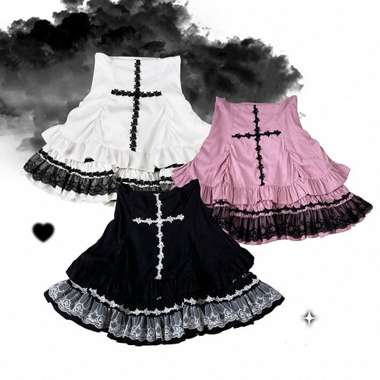 Jirai Kei White/Black/Pink Rose Cross Embroidery Landmine Style High Waist Lace Hem Skirt