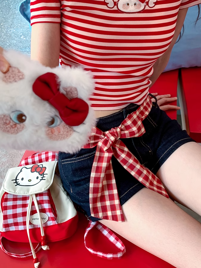 Dark Blue Straight-leg Denim Shorts with Kitty Plushie and Red Plaid Waist Accessory