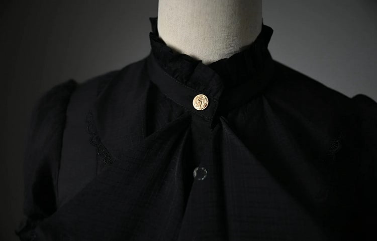 Black Jabot Ruffled High Neck High-low Hem Long Sleeves Shirt