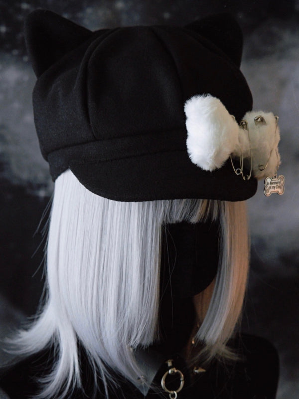 Black Gothic Pin Decorated Plush Bone Design Cat Ear Beret Hat