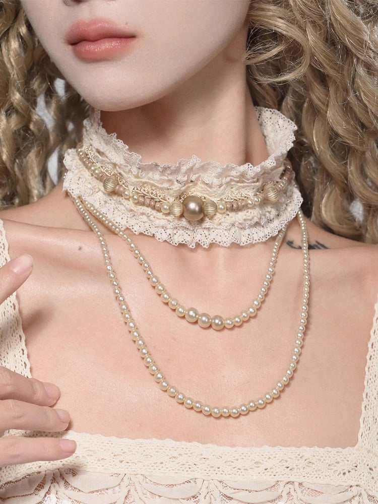 Cream Lace Choker with Detachable Bead Chain