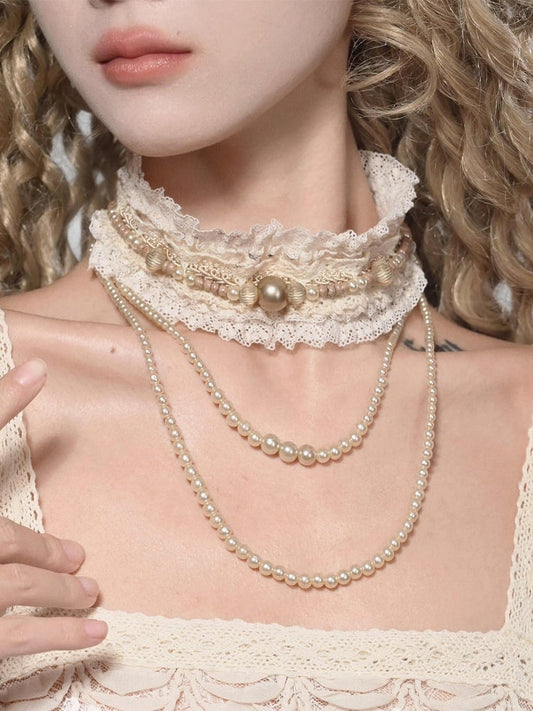 Cream Lace Choker with Detachable Bead Chain