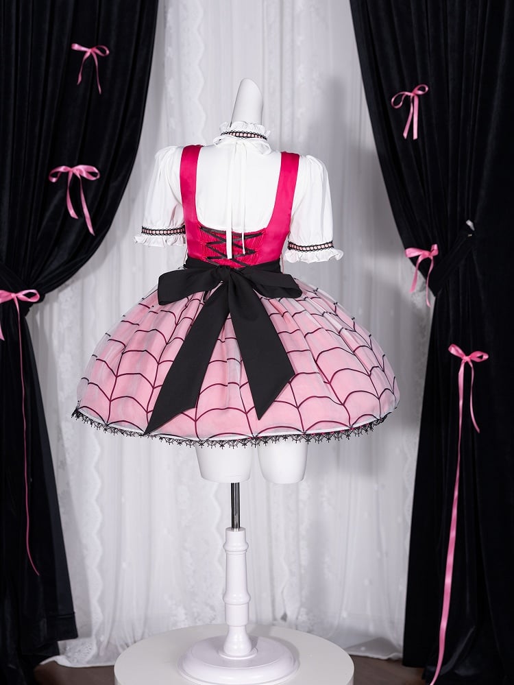 Fanart Fashion Hot Pink Cute Under Bust Dress Spider Web Print Overlay Skirt