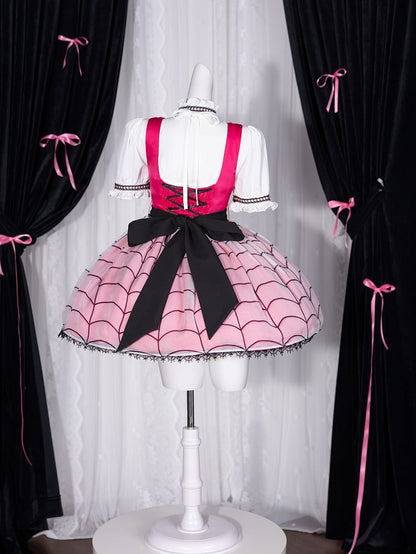 Fanart Fashion Hot Pink Cute Under Bust Dress Spider Web Print Overlay Skirt