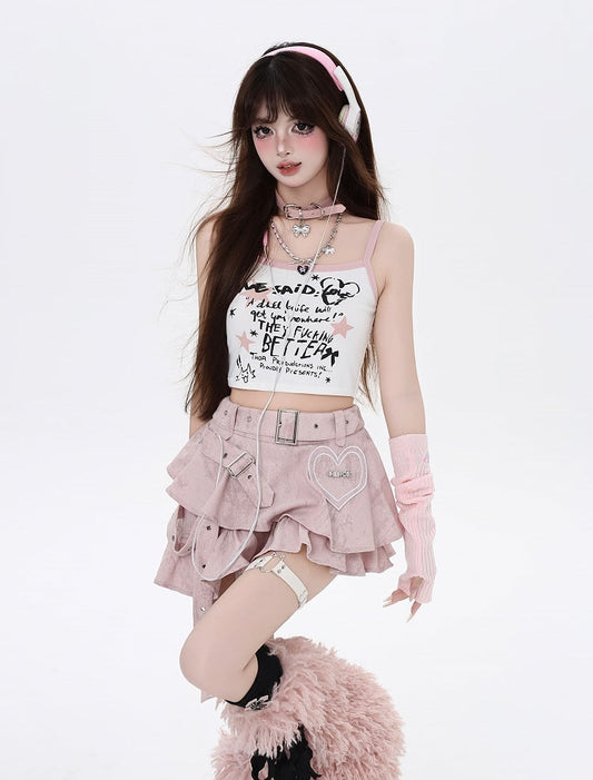 Y2K Pink Sweetheart Applique Asymmetrical Bittersweet Tiered Skirt