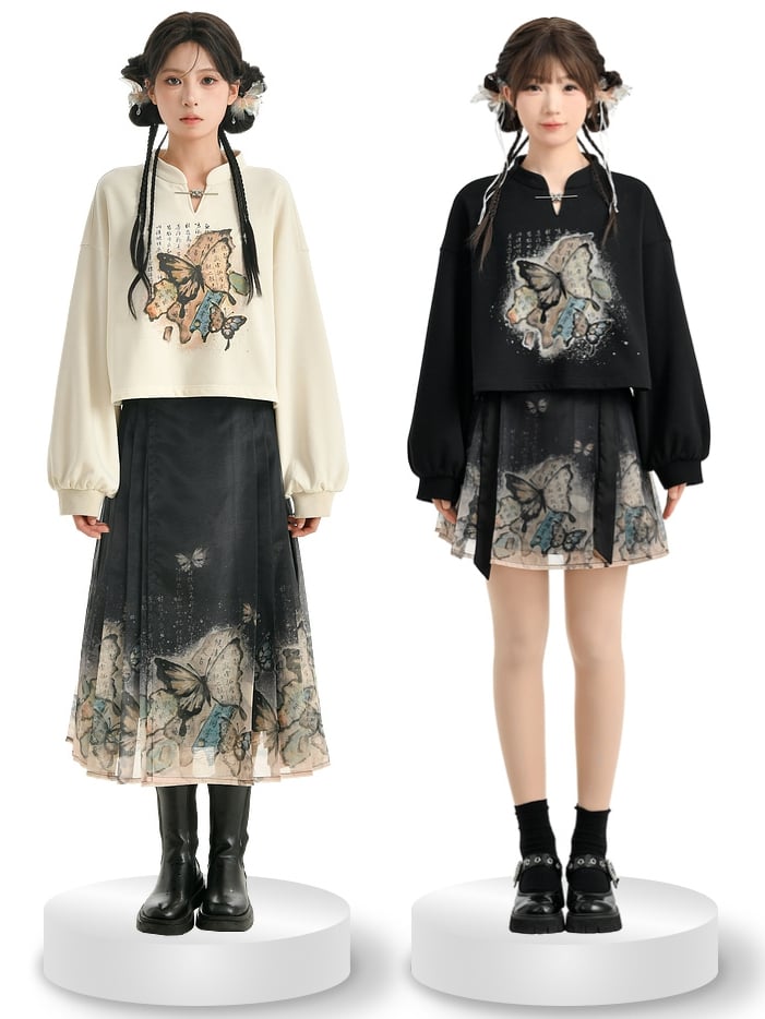Cheongsam Style Butterfly Print Black Horse-Face Pleated Skirt Long/Short Version