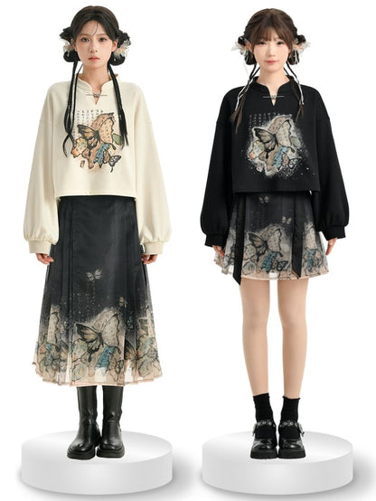 Cheongsam Style Butterfly Print Black/Apricot Banded Collar Sweatshirt