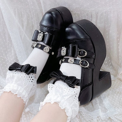 Matte Black Jirai Kei Beaded Charm Rhinestone Decorated Bowknot Details Platform High Block Heels