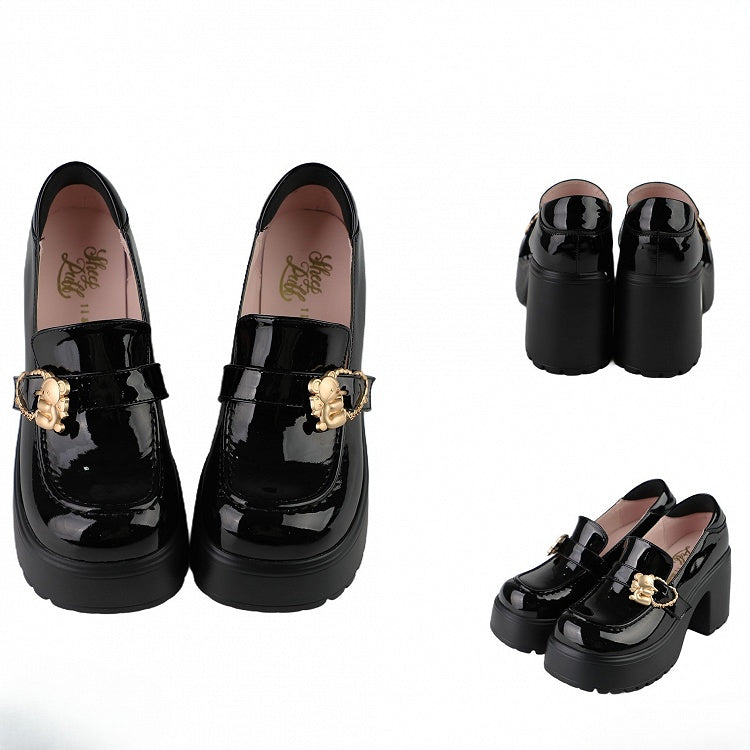 Polished Black Hugging Bear Heart Buckles Platform High Block Heels Slipons