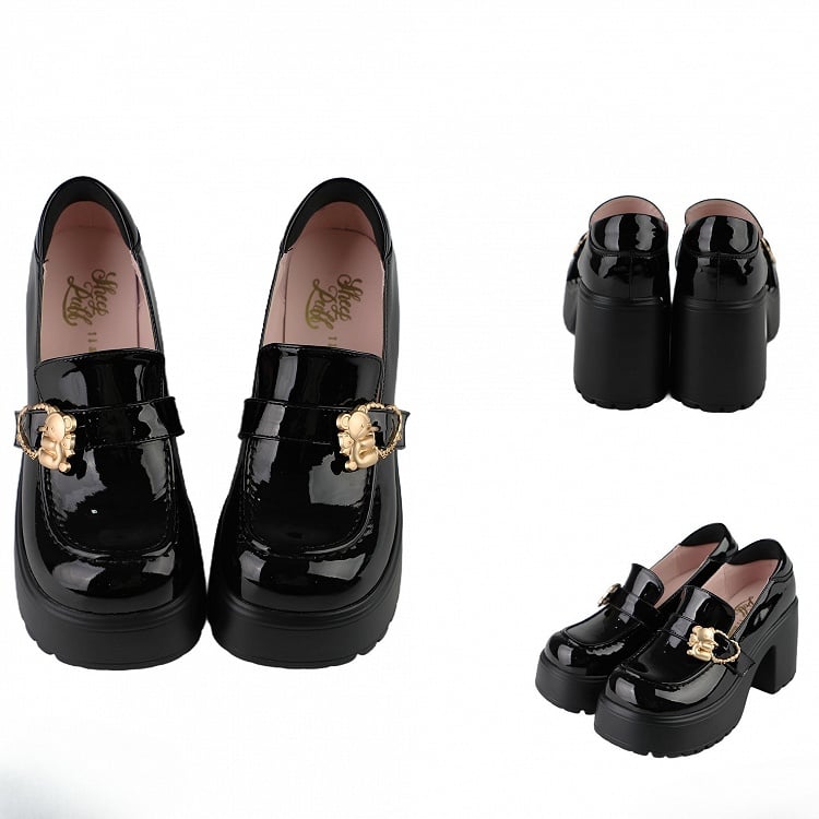 Polished Black Hugging Bear Heart Buckles Platform High Block Heels Slipons