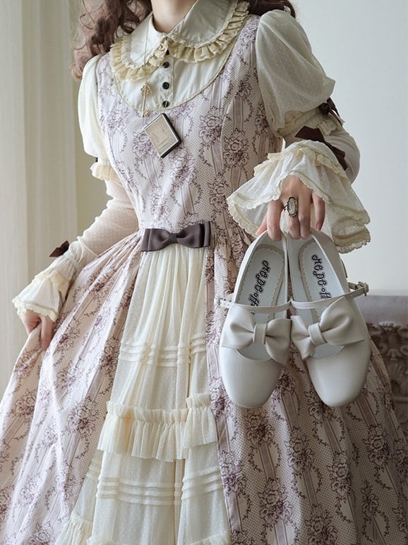 Classic Off-white Mary Janes in PU - Mid Heel with Bow Decor & Romantic Heart Clasp