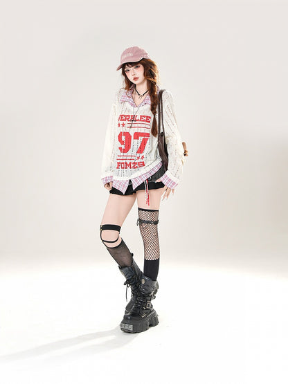 Plaid Hem Gray/White Distressed Holes Coverup Faux Two-pieces