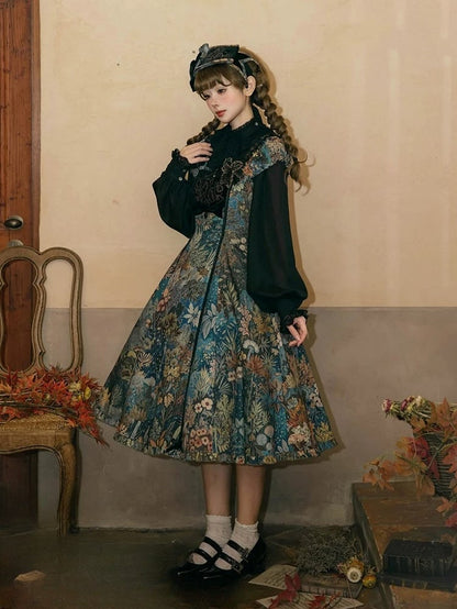 Green & Blue Floral Print Elegant Classic Lolita Dress with Lily Embroidery on the Chest