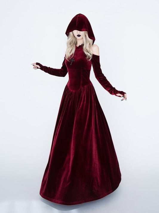 Medieval Witch Red Velvet Cutout Shoulder Gothic Vampire Hooded Dress