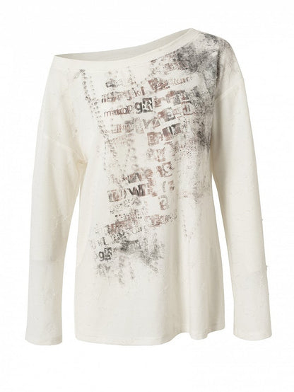 Blue/Beige Wasteland Punk Letter Print Asymmetrical Neckline Long Sleeves Top