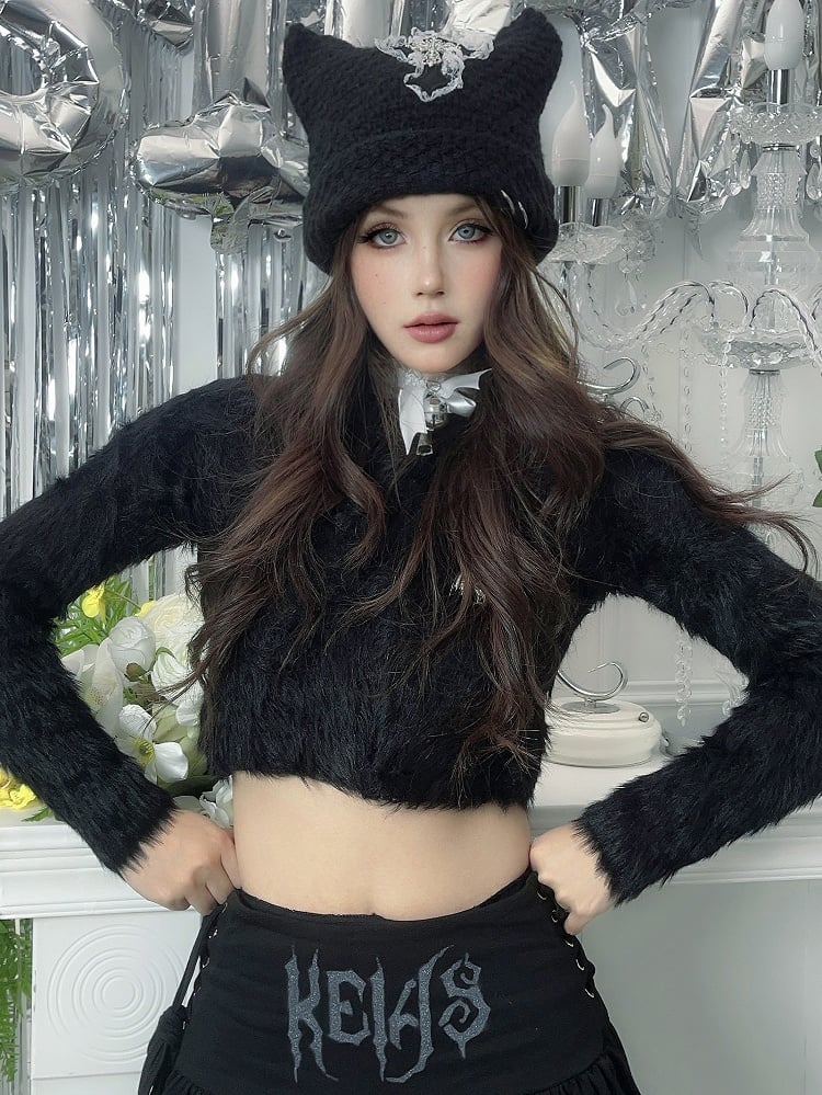Punk Black Cat Ears Design Cross Patch Knit Hat