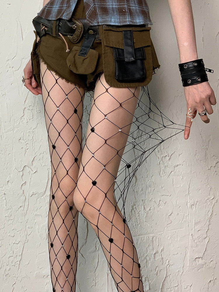 White/Black Y2K Rhinestone Decorated Heart Details Fishnet Tights