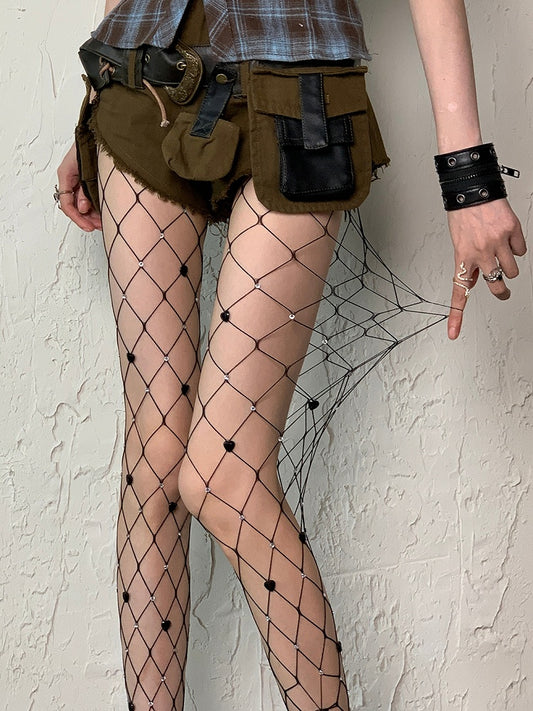 White/Black Y2K Rhinestone Decorated Heart Details Fishnet Tights