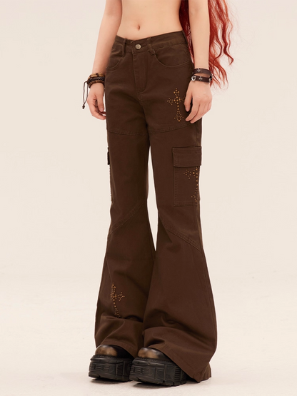 Brown Low Waist Cross Rhinestones Vintage Flared Pants