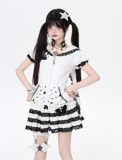 Bunny Ears Design Hood Lace Trim Black/White Jirai Kei Zip-up Jacket