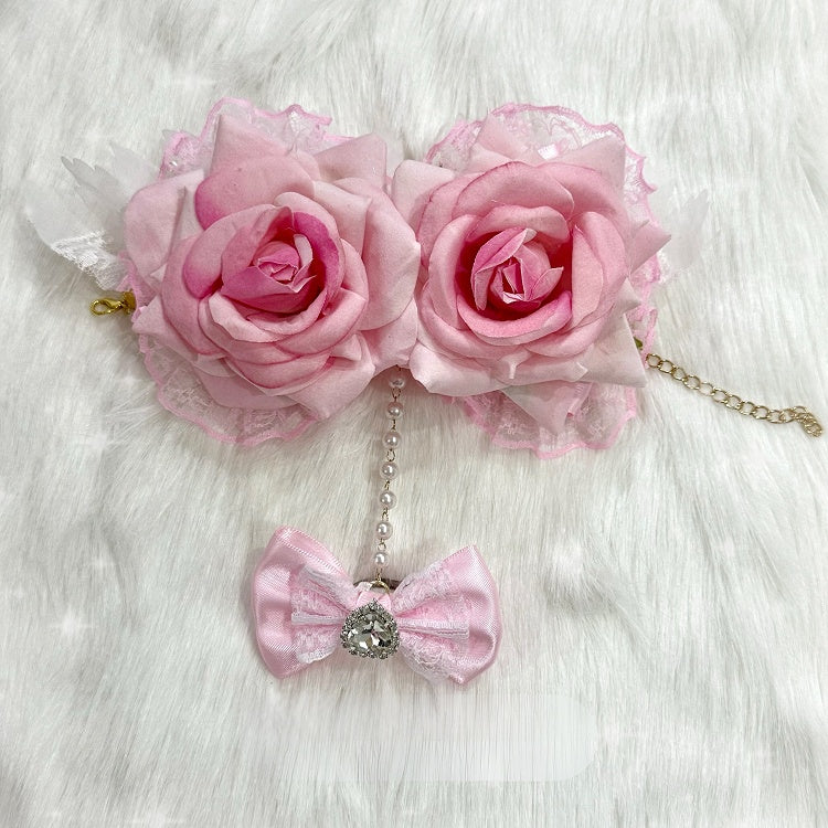 4 Options Floral Design Lace Trim Bracelet With Rhinestone Heart Decorated Bowknot Ring