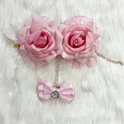 4 Options Floral Design Lace Trim Bracelet With Rhinestone Heart Decorated Bowknot Ring