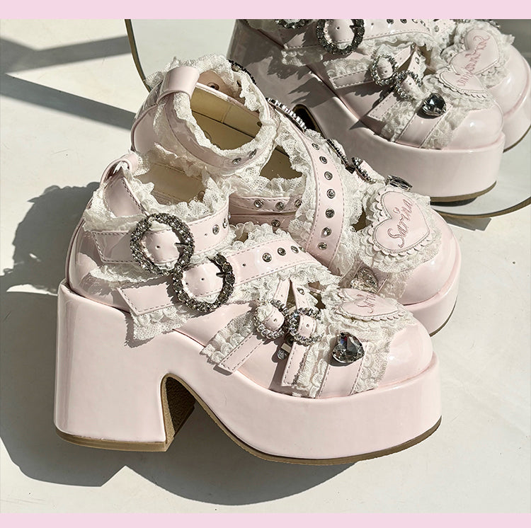 Jirai Kei Pink Platform Heels: Criss-Cross Buckle Straps with Lace & Rhinestone Decor - Chunky High Block Heel