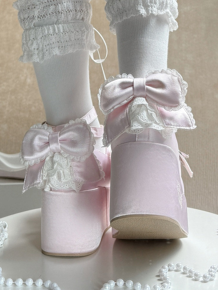 Platform Pink Mary Janes in Satin with Plush Teddy Ears, Bow Decor & Heart Buckles