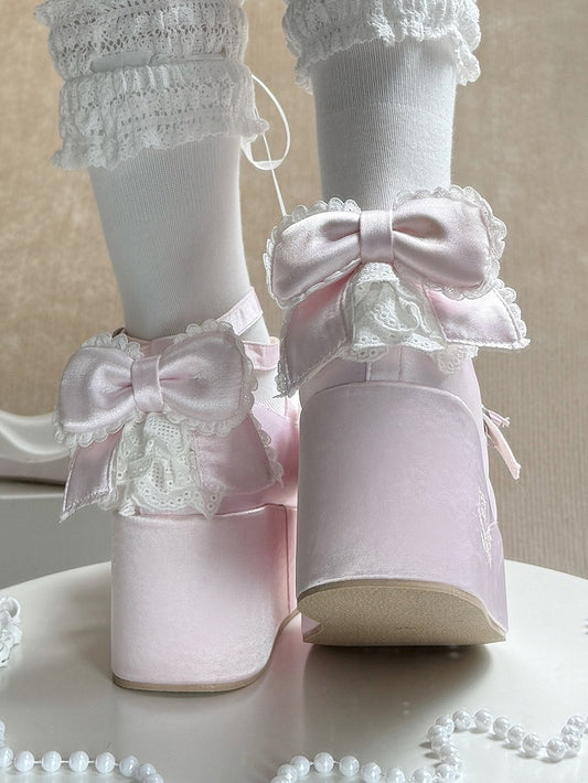Platform Pink Mary Janes in Satin with Plush Teddy Ears, Bow Decor & Heart Buckles