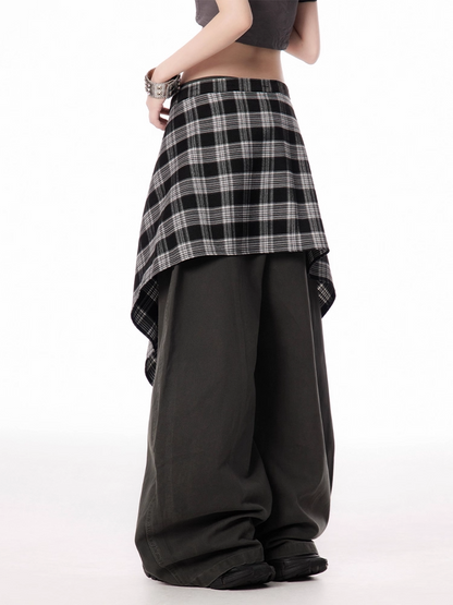 Dark Gray/Brown Low Rise Vintage Wide-leg Pants with Plaid Waist Accessory